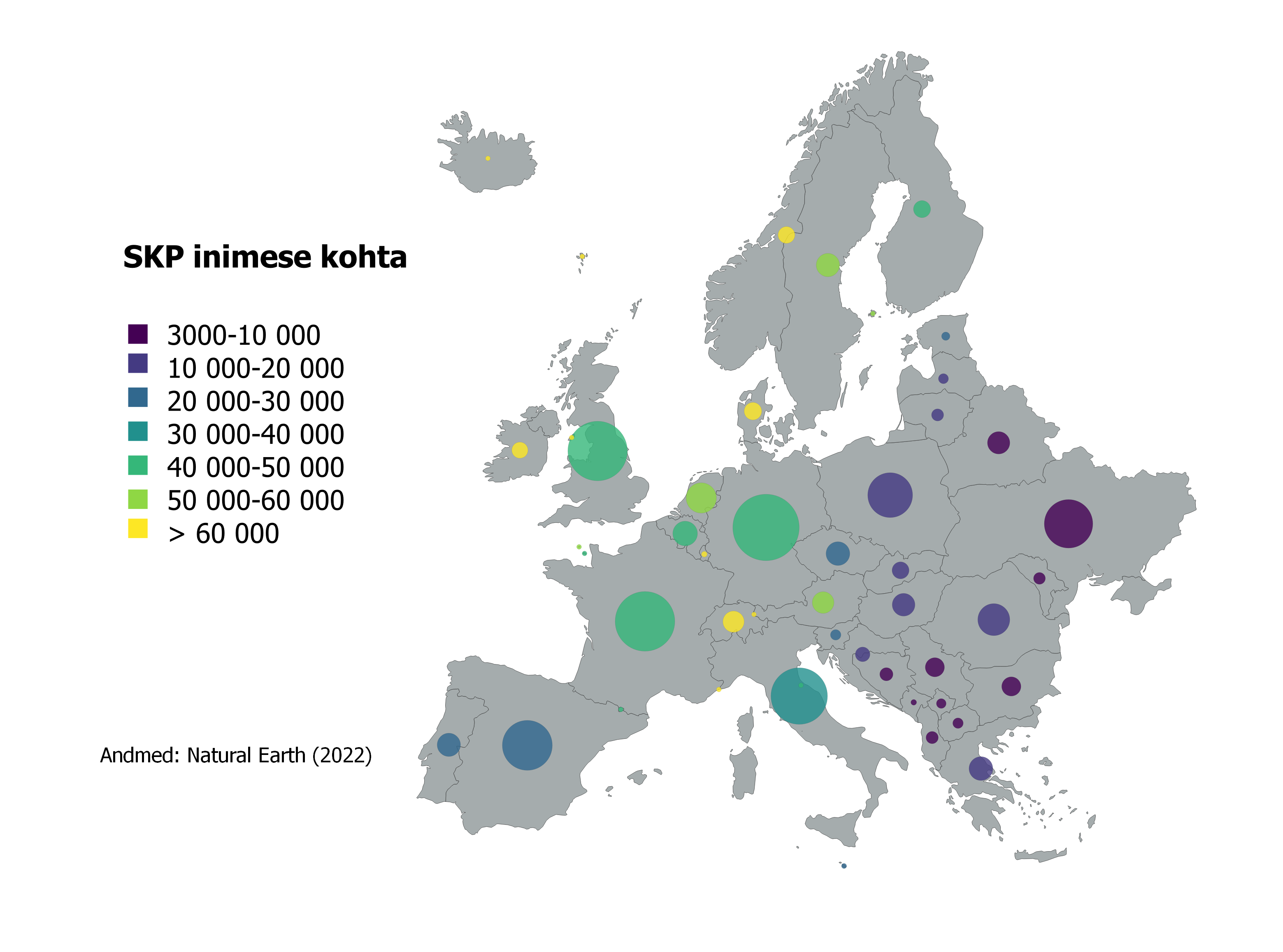 SKP inimese kohta Euroopa riikides diagrammidena. Ringi suurus näitab rahvaarvu.