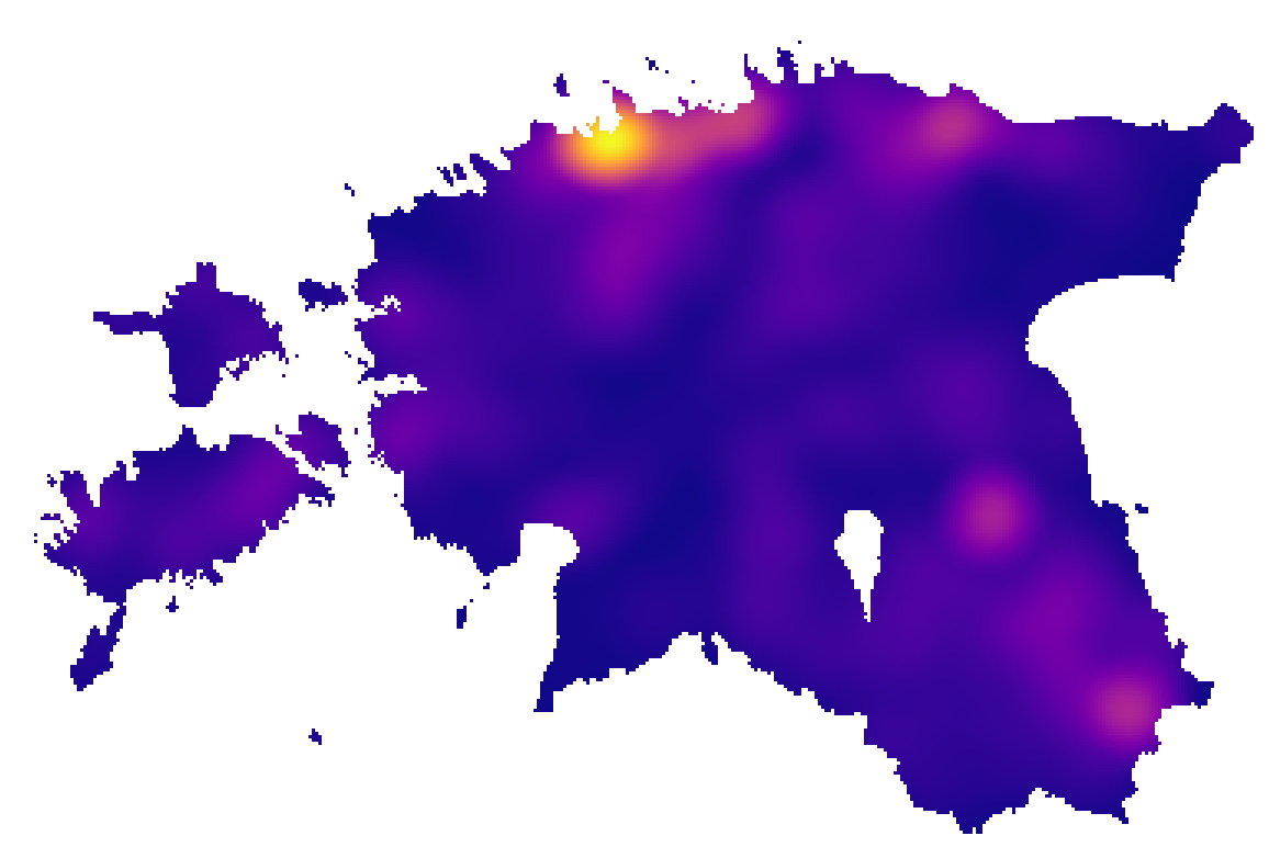 Kultuurimälestiste KDE raadiusega 20 km ja piksli suurusega 1000 m ning kultuurimälestised omavalitsuste kaupa