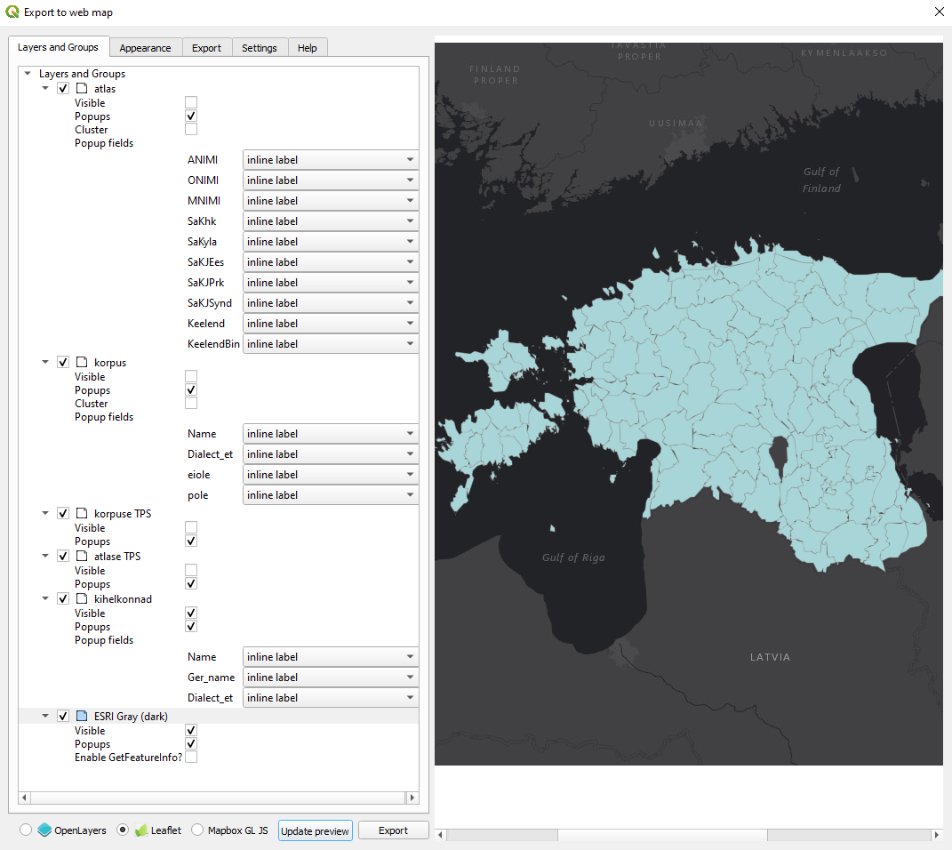 Kihtide ja nende atribuutide kuvamine QGISi qgis2web pistikprogrammis