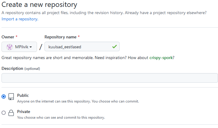 Uue repositooriumi tegemine GitHubis