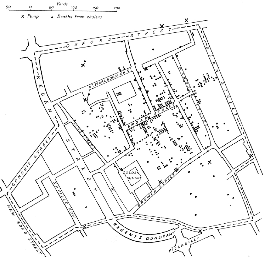 John Snow koolera leviku kaart (1855) ([Wikimedia Commons](https://commons.wikimedia.org/wiki/File:Snow-cholera-map.jpg))