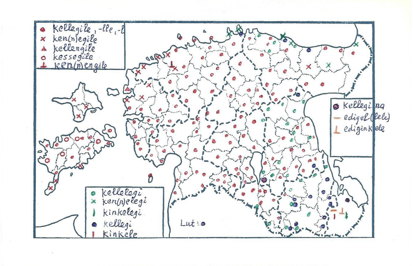 Andrus Saareste käsikirjaline murdekaart sõna 'keegi' alaleütleva käände ('kellelegi', 'kellegile' jm) varieerumisest. Vt rohkem kaarte [siit](http://rurake.keeleressursid.ee/index.php/andrus-saarestes-unpublished-dialect-maps/).
