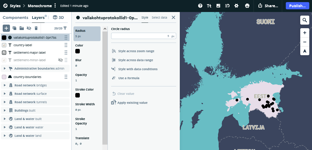 Mapboxi üles laaditud valdade punktid