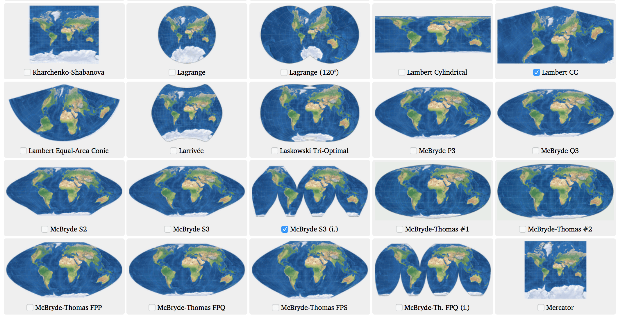 Erinevad projektsioonid (allikas: [Compare Map Projections](https://map-projections.net/imglist.php))