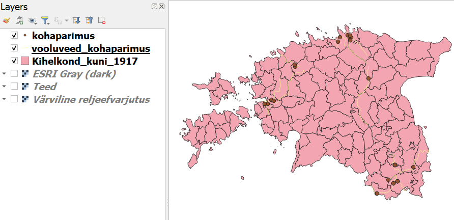 Kohapärimuse, jõgede ja kihelkondade vektorkihid QGISis