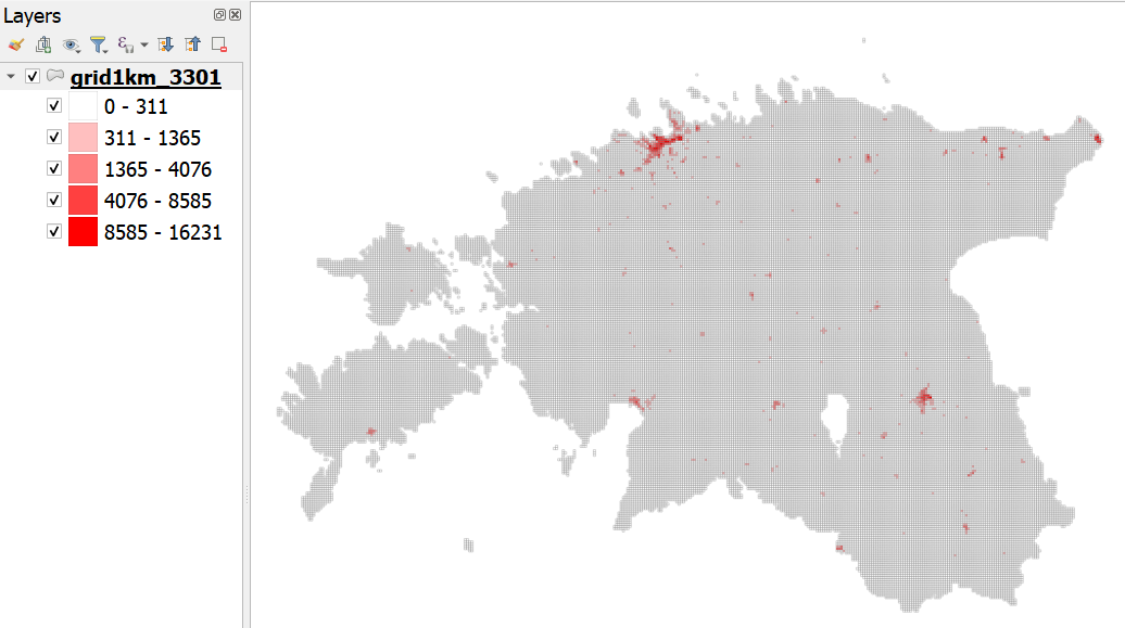 Eesti rahvastiku paiknemine statistikaameti ruutkaardil (2024)