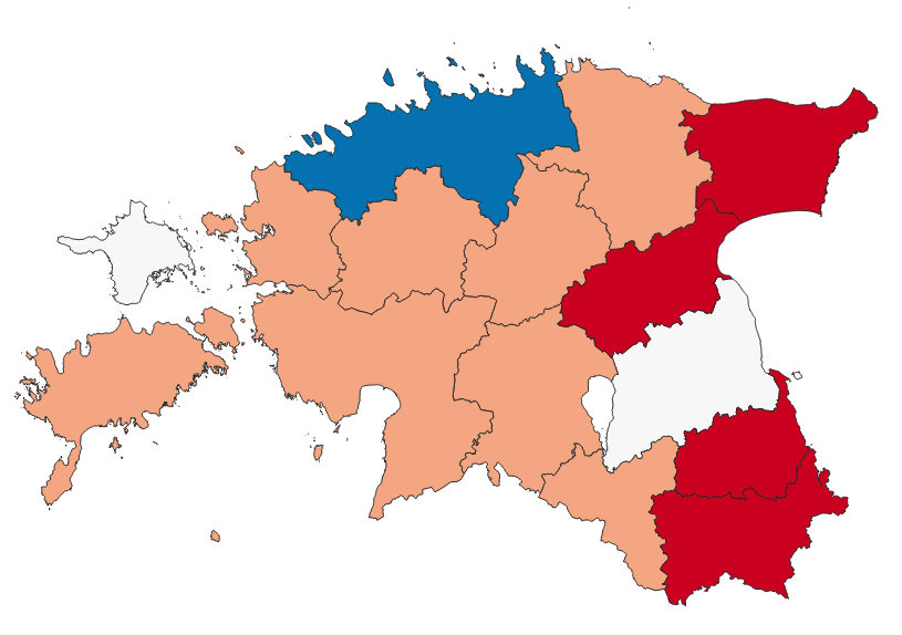 Maakondade värvimine vastavalt protsentuaalsele muutusele rahvaarvus